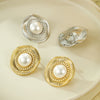 Vintage Style Round Pleated Pearl Women's Earrings Stainless Steel Electroplated
