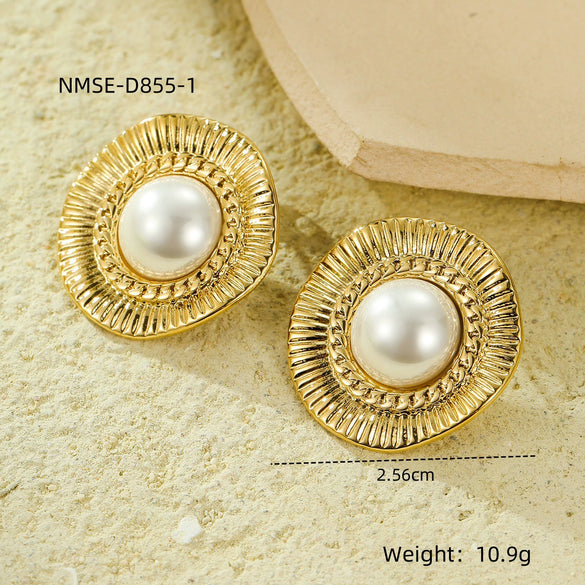 Vintage Style Round Pleated Pearl Women's Earrings Stainless Steel Electroplated