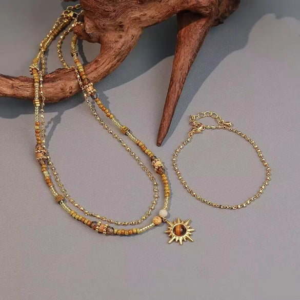 Vintage Style Round Sun 18K Gold Plated Agate Seed Bead Tiger Eye Copper Wholesale Pendant Necklace