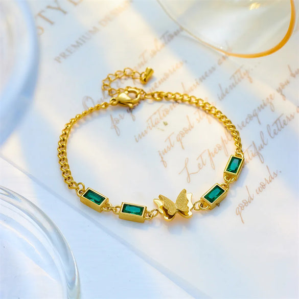 Vintage Style Shiny Butterfly Stainless Steel Plating Inlay Rhinestones 18k Gold Plated Bracelets