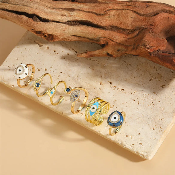 Vintage Style Simple Style Commute Devil's Eye Copper Enamel Plating Inlay Zircon 14k Gold Plated Open Rings