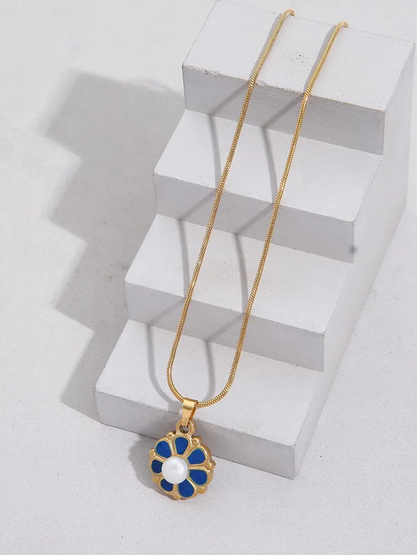 Vintage Style Simple Style Flower Stainless Steel Polishing Enamel Inlay Artificial Pearls 18k Gold Plated Pendant Necklace
