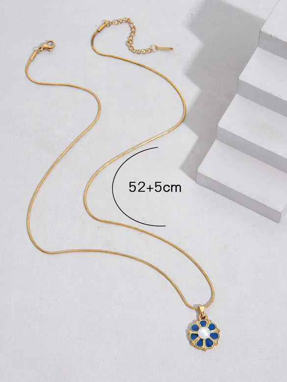 Vintage Style Simple Style Flower Stainless Steel Polishing Enamel Inlay Artificial Pearls 18k Gold Plated Pendant Necklace