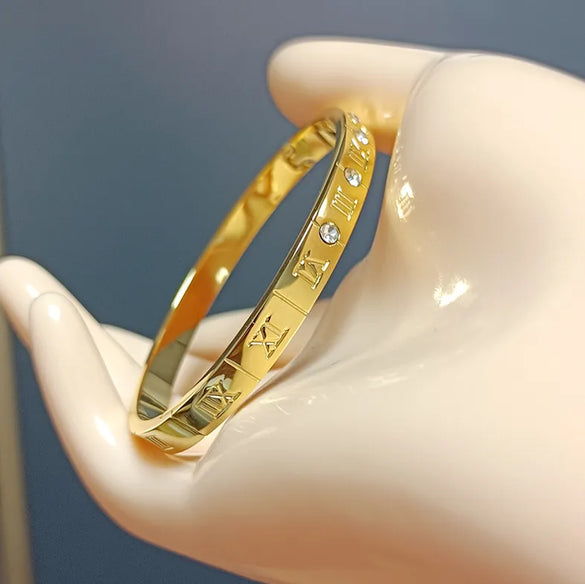Vintage Style Simple Style Roman Style Letter Roman Numeral 304 Stainless Steel 18K Gold Plated Bangle In Bulk