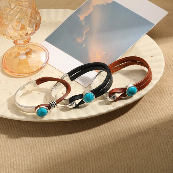 Vintage Style Simple Style Round Alloy Leather Rope Inlay Turquoise Unisex Wristband