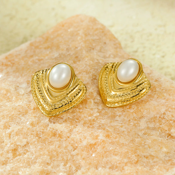 Vintage Style Stainless Steel Geometric Inlaid Pearl Texture 18K Plated Earrings