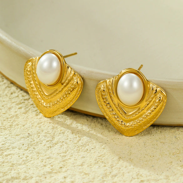 Vintage Style Stainless Steel Geometric Inlaid Pearl Texture 18K Plated Earrings