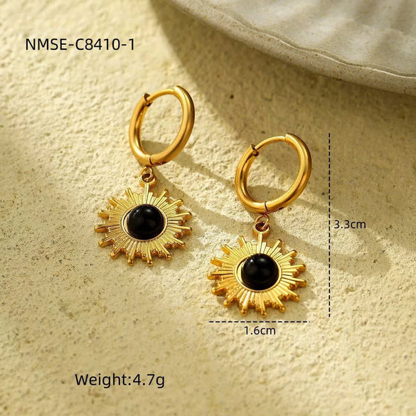 Vintage Style Stainless Steel Women's Earrings With Sunflower Inlaid With Natural Stone And Electroplating Treatment