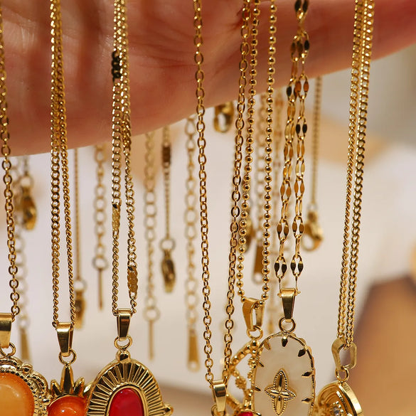 Wholesale Jewelry Vintage Style Vacation French Style Geometric 304 Stainless Steel Natural Stone 18K Gold Plated Plating Inlay Pendant Necklace