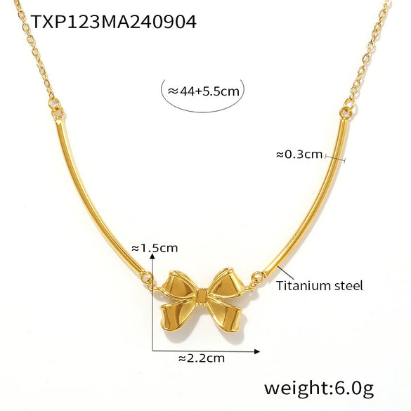Vintage Sweet Princess Bow Necklace And Earrings Set With Shell Beads Clackbone Chain Titanium Steel Gold Plated Electroplating