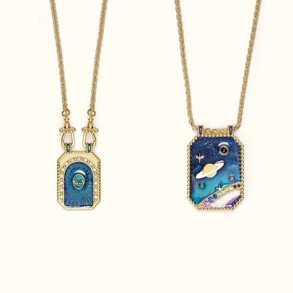 Vintage Tarot Necklace Copper Mixed Gemstone Inlay Diamond Design