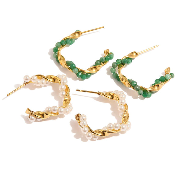 Vintage Twisted Stainless Steel Natural Stone And Pearl Geometric Earrings For Women