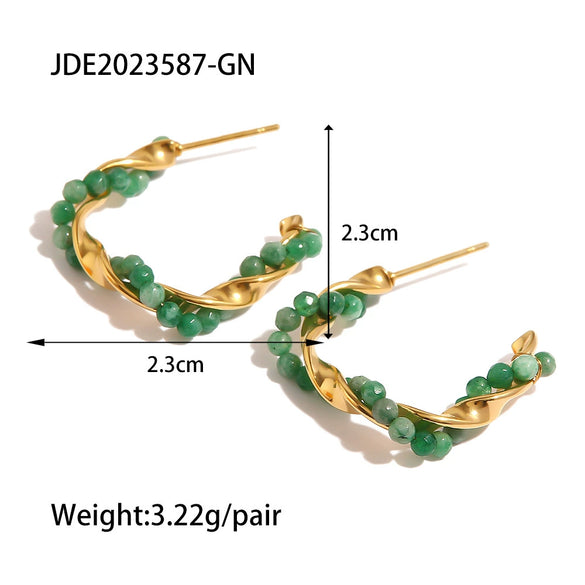 Vintage Twisted Stainless Steel Natural Stone And Pearl Geometric Earrings For Women