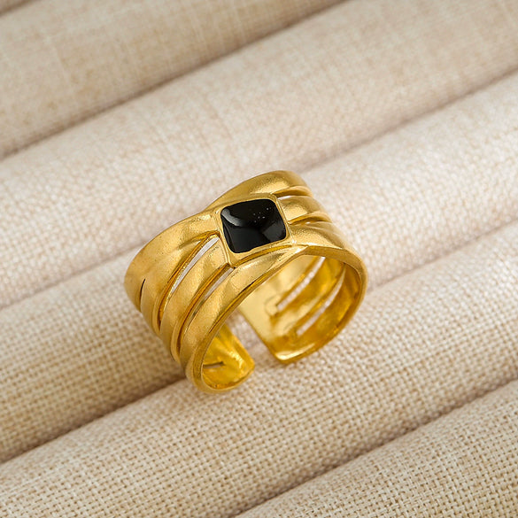 Vintage Unisex Punk Style French Stainless Steel Ring 18K Gold Plated With Microinlaid Oval Lava And U Shape Geometric Pattern