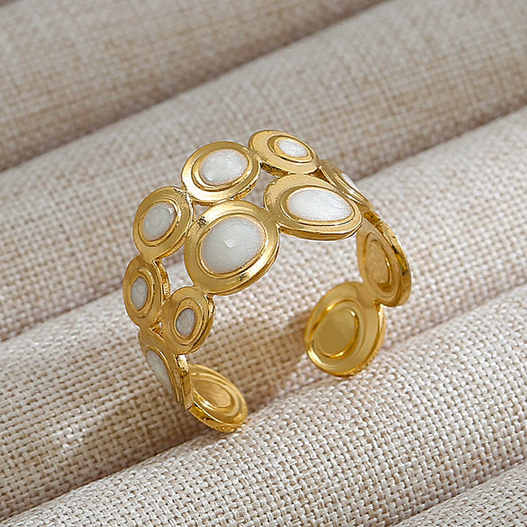 Vintage Unisex Punk Style French Stainless Steel Ring 18K Gold Plated With Microinlaid Oval Lava And U Shape Geometric Pattern