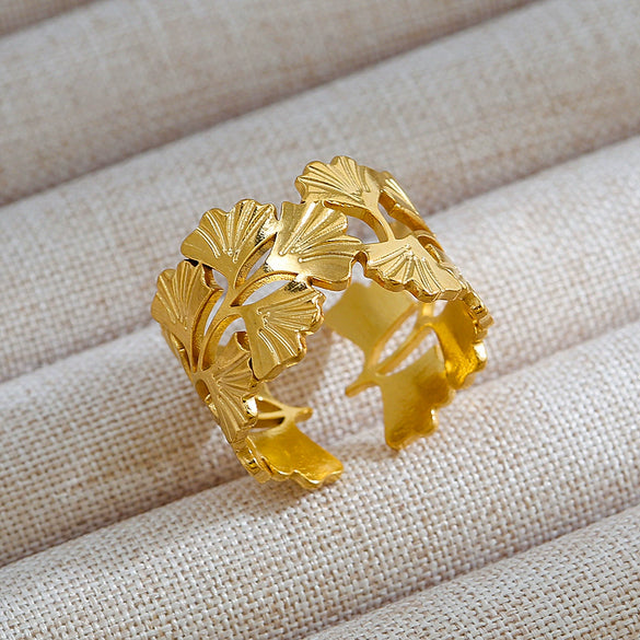 Vintage Unisex Punk Style French Stainless Steel Ring 18K Gold Plated With Microinlaid Oval Lava And U Shape Geometric Pattern