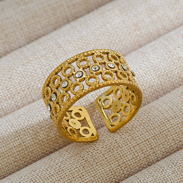 Vintage Unisex Punk Style French Stainless Steel Ring 18K Gold Plated With Microinlaid Oval Lava And U Shape Geometric Pattern