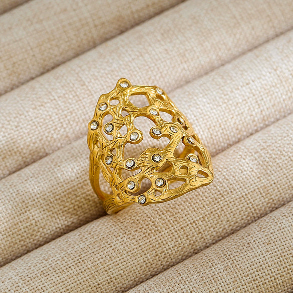 Vintage Unisex Punk Style French Stainless Steel Ring 18K Gold Plated With Microinlaid Oval Lava And U Shape Geometric Pattern