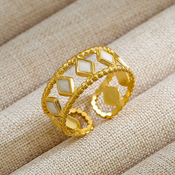 Vintage Unisex Punk Style French Stainless Steel Ring 18K Gold Plated With Microinlaid Oval Lava And U Shape Geometric Pattern