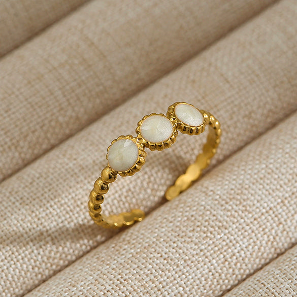 Vintage Unisex Punk Style French Stainless Steel Ring 18K Gold Plated With Microinlaid Oval Lava And U Shape Geometric Pattern