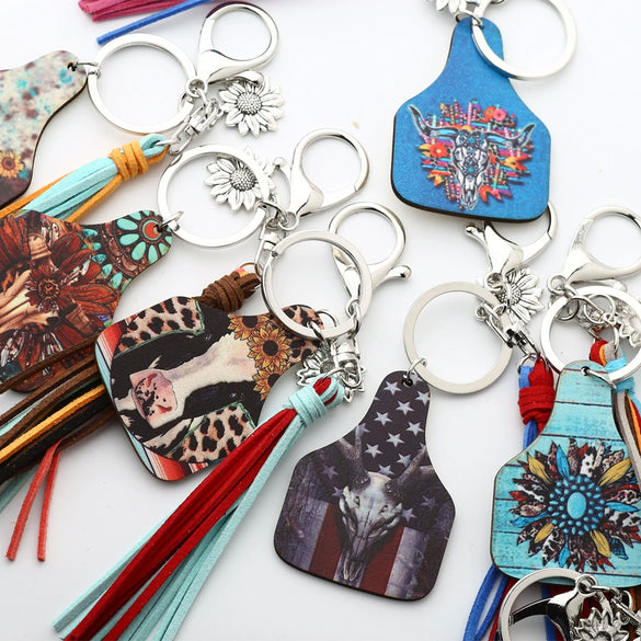 Vintage Western Cowboy Style Wood Cattle Scalp Tassel Sunflower Cow Brand Keychain Pendant
