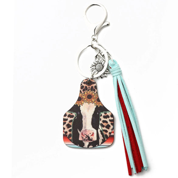Vintage Western Cowboy Style Wood Cattle Scalp Tassel Sunflower Cow Brand Keychain Pendant