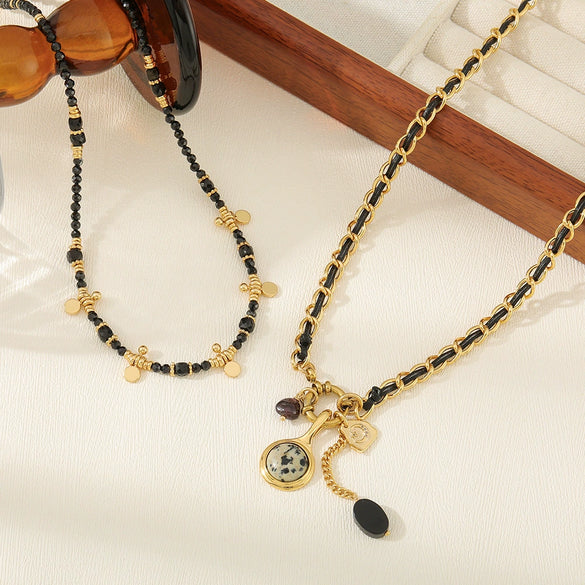 Vintage Women's Black Spiked Crystal And Copper Beaded Woven Necklace With Geometric Pattern Handmade