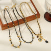 Vintage Women's Black Spiked Crystal And Copper Beaded Woven Necklace With Geometric Pattern Handmade