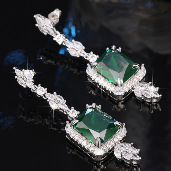 Vintage Women's Copper Earrings With Emerald Pendant And Flower Pattern And Square Shape