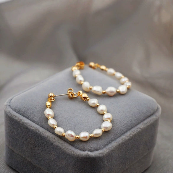 Vintage Women's Freshwater Pearl S925 Silver Needle Earrings With Geometric Design