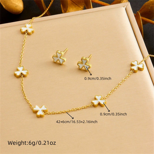 Vintage Women's Stainless Steel Jewelry Set With Shellfish And Threepetal Flower Design Electroplated Accessories Chain Necklace Earrings Bracelet