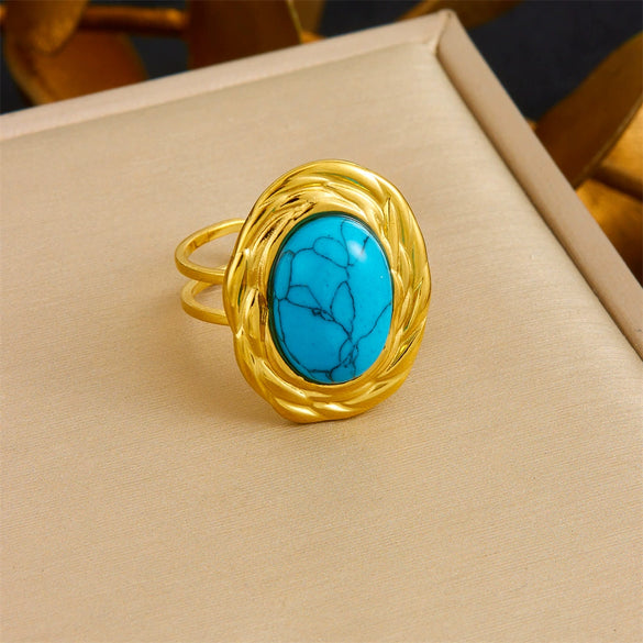 Vintage Women's Stainless Steel Tiger Eye Opening Adjustable Ring With Geometric Design And Electroplating Treatment