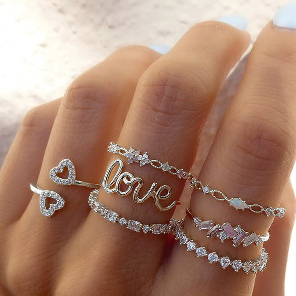 Vintage Women's Star And Moon Ring Set With Rhinestones And Love Letter Geometric Pattern Electroplated