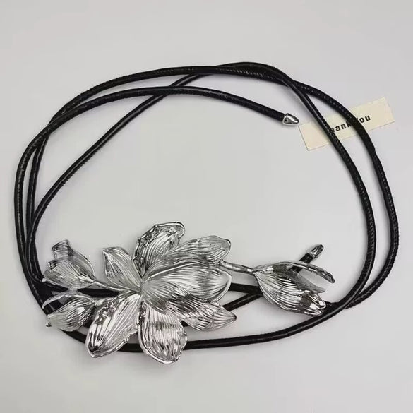 Waist Chain Retro Elegant Tulip Large Flower Style Black Leather Rope Metal Decorative For Female