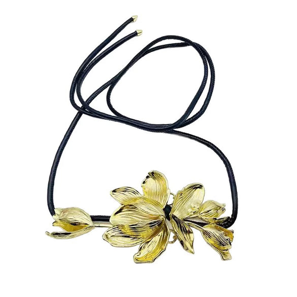 Waist Chain Retro Elegant Tulip Large Flower Style Black Leather Rope Metal Decorative For Female