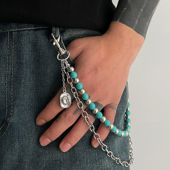 Waist Chain Turquoise Beaded Purely Handmade Denim Style Metal Cowboy Pattern For Men