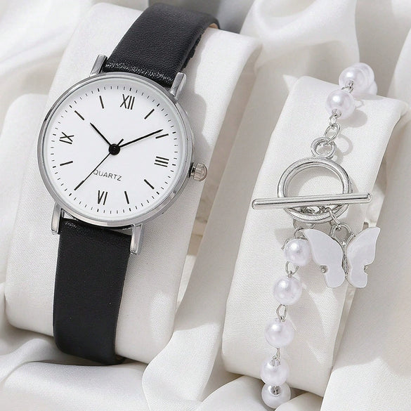 Watch Alloy Case Frosted Leather Strap Rose Gold Pin Buckle Round Dial Quartz