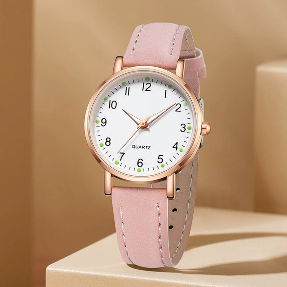 Watch Alloy Case Frosted Leather Strap Rose Gold Pin Buckle Round Dial Quartz