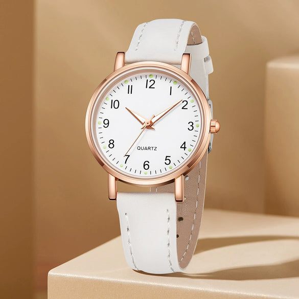 Watch Alloy Case Frosted Leather Strap Rose Gold Pin Buckle Round Dial Quartz