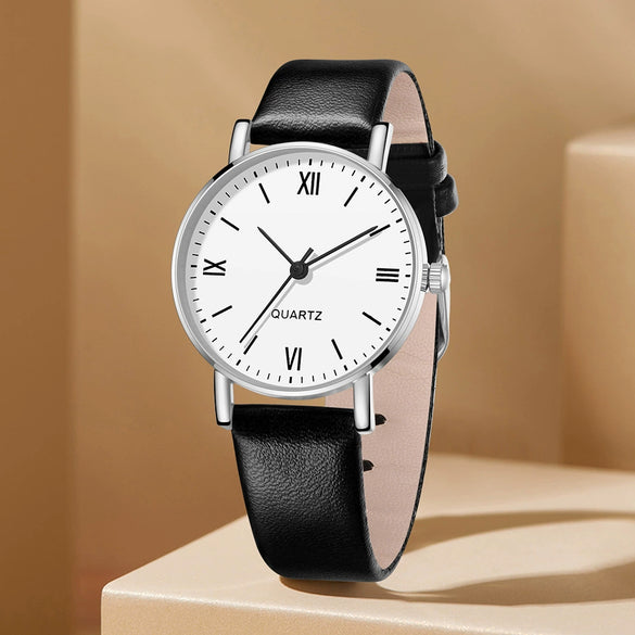 Watch Alloy Case Frosted Leather Strap Rose Gold Pin Buckle Round Dial Quartz
