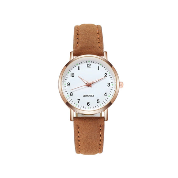 Watch Alloy Case Frosted Leather Strap Rose Gold Pin Buckle Round Dial Quartz
