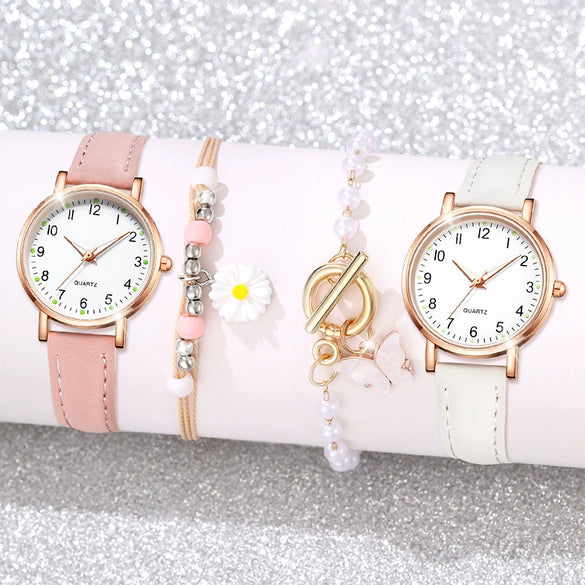 Watch Alloy Case Frosted Leather Strap Rose Gold Pin Buckle Round Dial Quartz