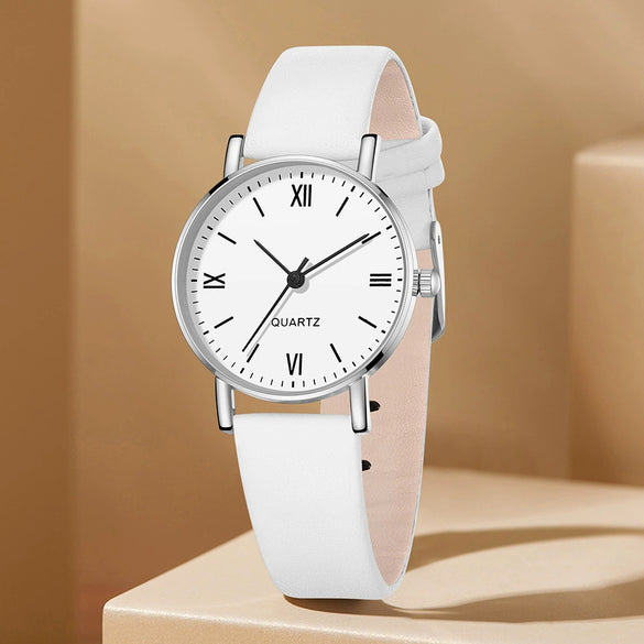 Watch Alloy Case Frosted Leather Strap Rose Gold Pin Buckle Round Dial Quartz