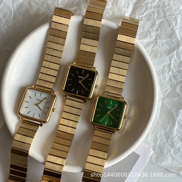 Watch Alloy Case Ordinary Glass Mirror Golden Bamboo Square Green Dial Retro Simple Elegant Women's Leisure Design