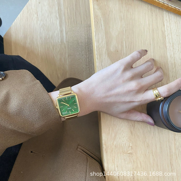 Watch Alloy Case Ordinary Glass Mirror Golden Bamboo Square Green Dial Retro Simple Elegant Women's Leisure Design