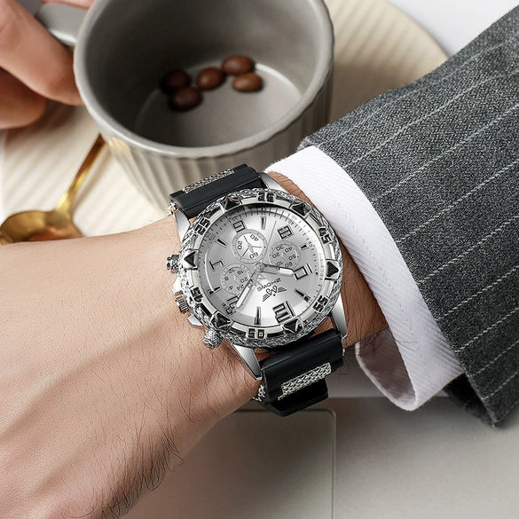 Watch Alloy Case Silicone Strap Stainless Steel Clasp Round Dial Quartz Sports Fashion