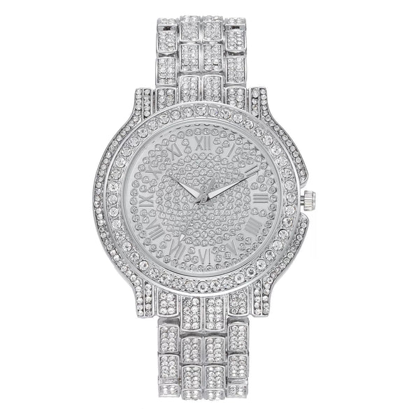 Watch Alloy Stainless Steel Band Round Ordinary Glass Mirror Leisure Starry Rhinestone Roman Numeral Quartz