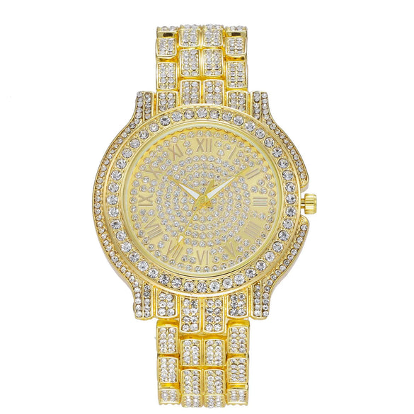 Watch Alloy Stainless Steel Band Round Ordinary Glass Mirror Leisure Starry Rhinestone Roman Numeral Quartz