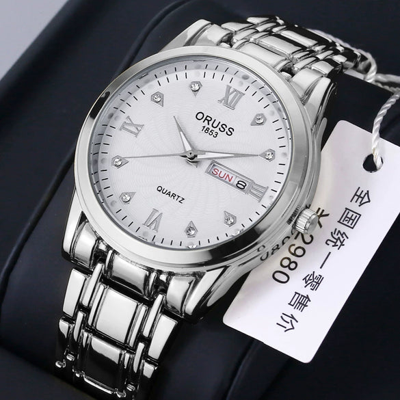 Watch Alloy Strap Alloy Case Mineral Strengthened Glass Mirror Round Dial Business Style Waterproof