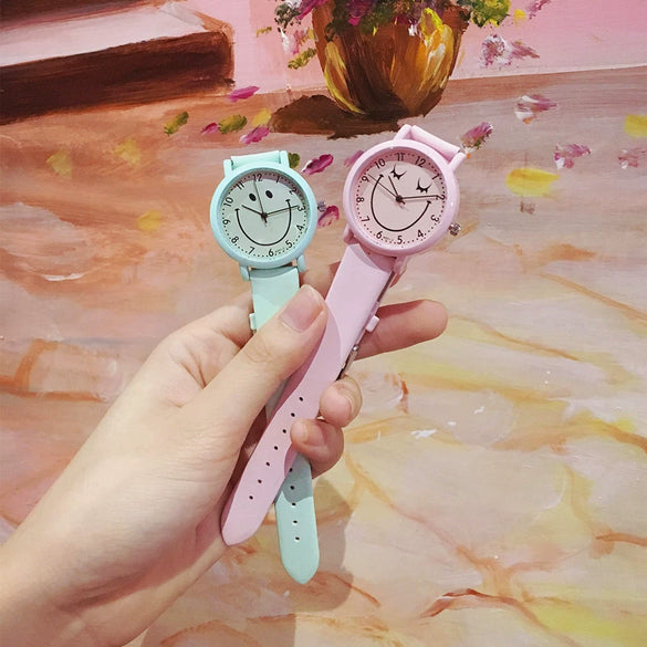 Watch Belt Alloy Case Imitation Leather Strap Cartoon Smiley Face Style For Women